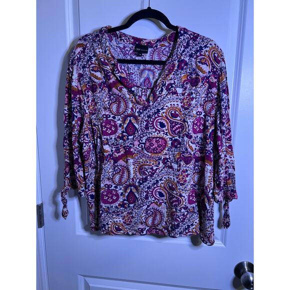 Jones New York 2X Boho Paisley Top Rayon Blouse Tie Sleeve Fall Tunic - Picture 1 of 4